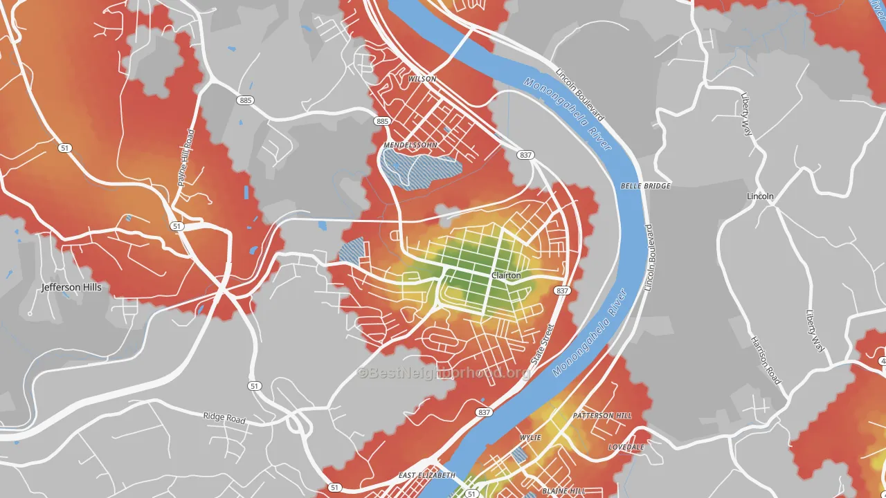 Walk Grade map of Clairton, PA, walkable areas in green and car-dependent areas in red