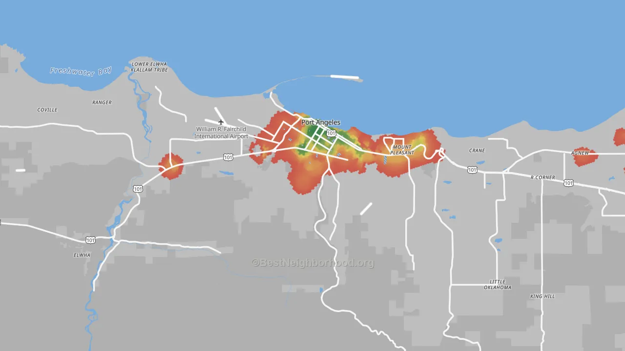 Walk Grade map of Clallam County, WA, walkable areas in green and car-dependent areas in red