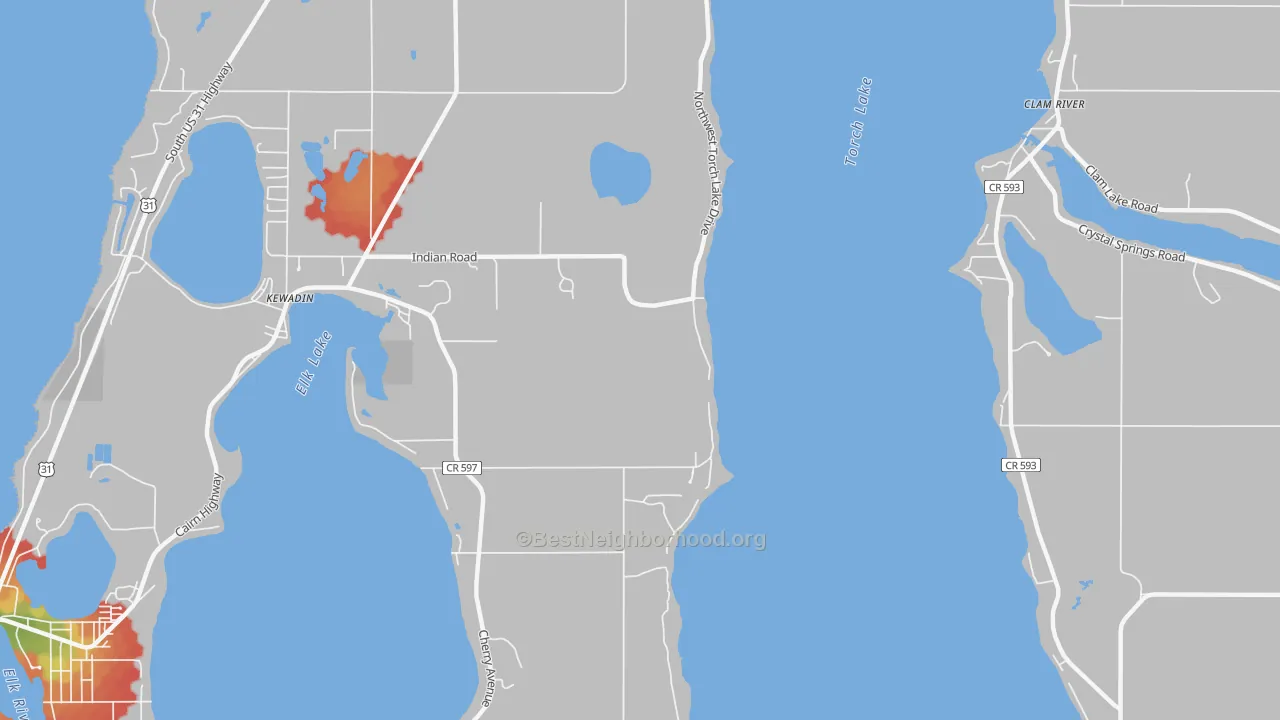 Walk Grade map of Clam River, MI, walkable areas in green and car-dependent areas in red