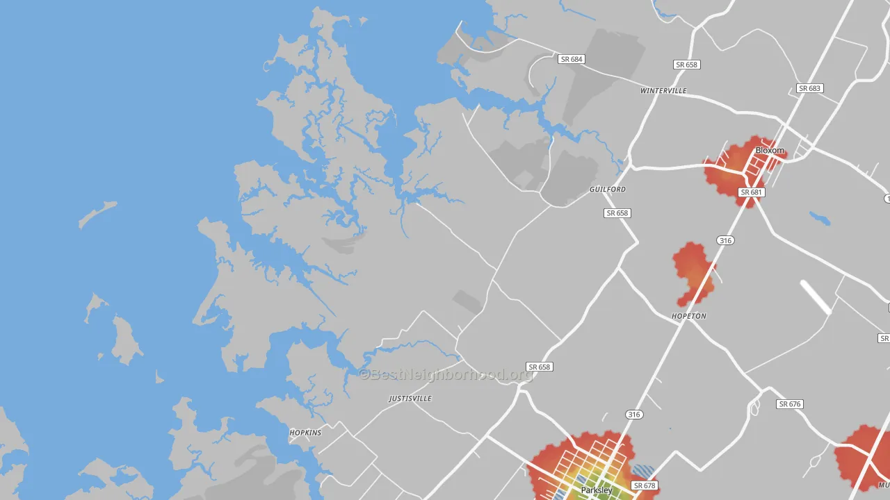 Walk Grade map of Clam, VA, walkable areas in green and car-dependent areas in red