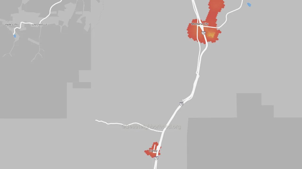 Walk Grade map of Clancy, MT, walkable areas in green and car-dependent areas in red
