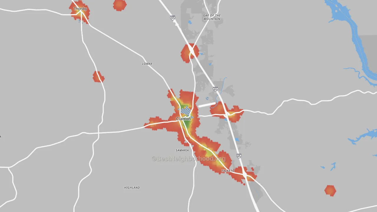 Walk Grade map of Clanton, AL, walkable areas in green and car-dependent areas in red