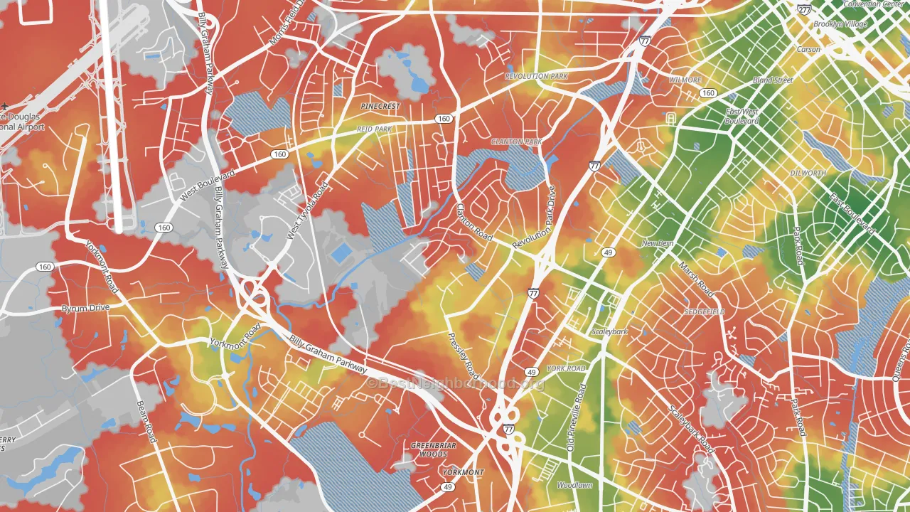 Walk Grade map of Clanton Park-Roseland, Charlotte, NC, walkable areas in green and car-dependent areas in red