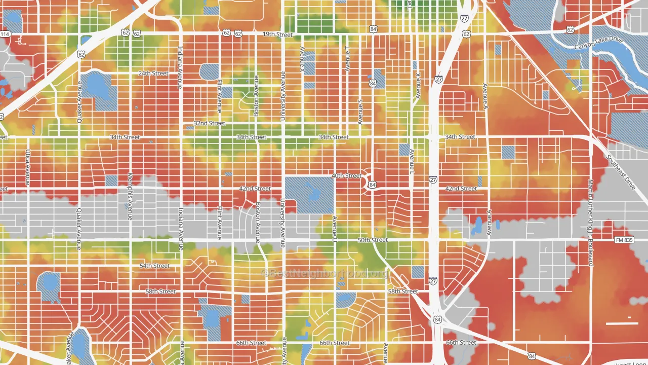 Walk Grade map of Clapp Park, Lubbock, TX, walkable areas in green and car-dependent areas in red