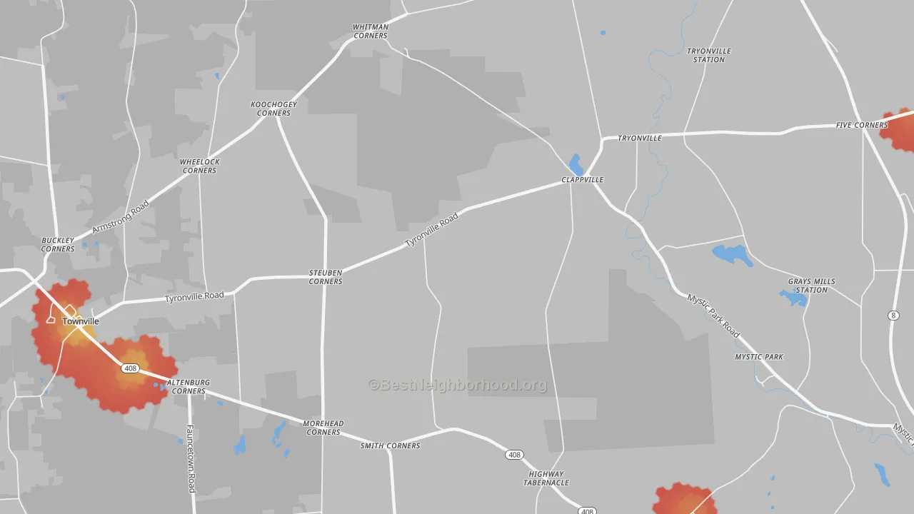Walk Grade map of Clappville, PA, walkable areas in green and car-dependent areas in red