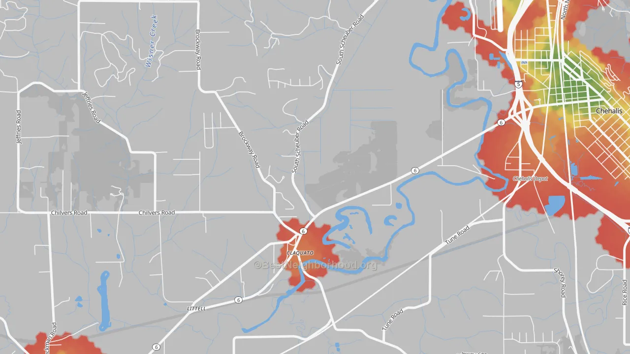 Walk Grade map of Claquato, WA, walkable areas in green and car-dependent areas in red