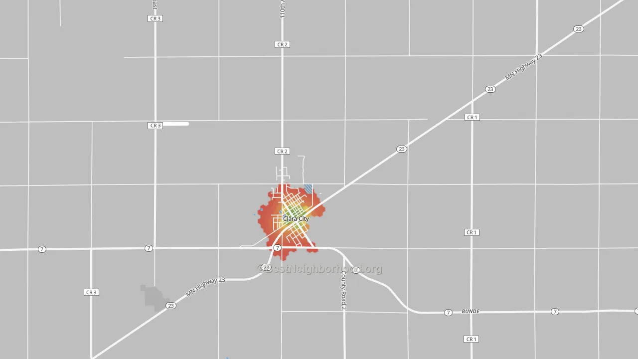Walk Grade map of Clara City, MN, walkable areas in green and car-dependent areas in red