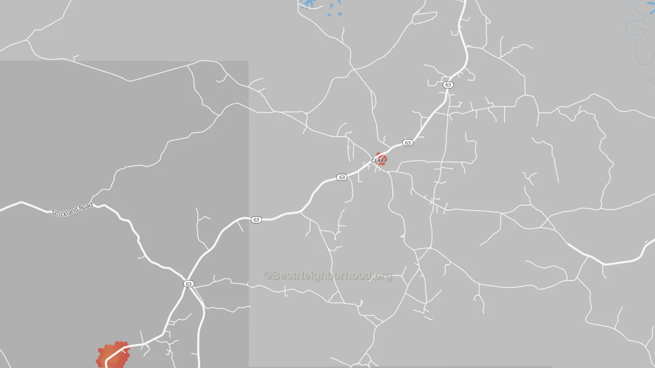 Walk Grade map of Clara, MS, walkable areas in green and car-dependent areas in red