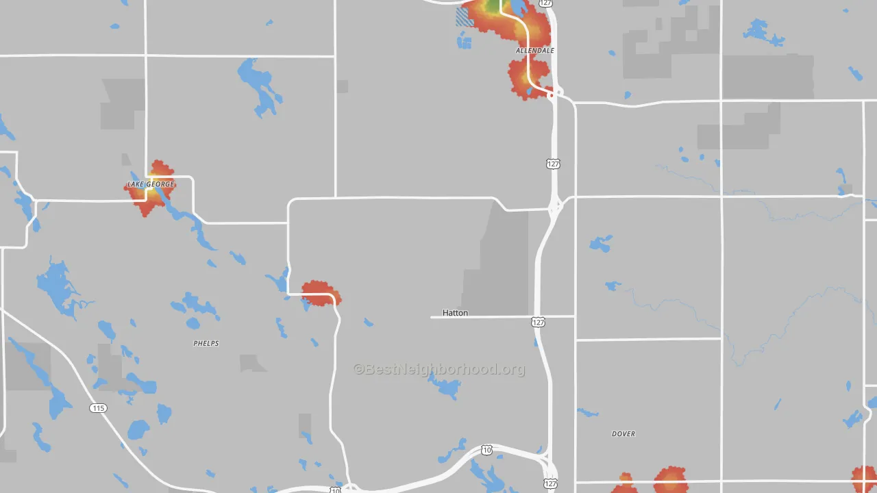 Walk Grade map of Clare County, MI, walkable areas in green and car-dependent areas in red