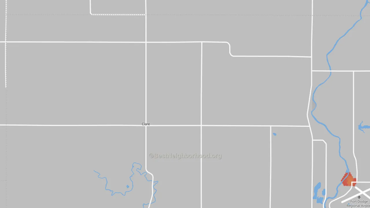 Walk Grade map of Clare, IA, walkable areas in green and car-dependent areas in red