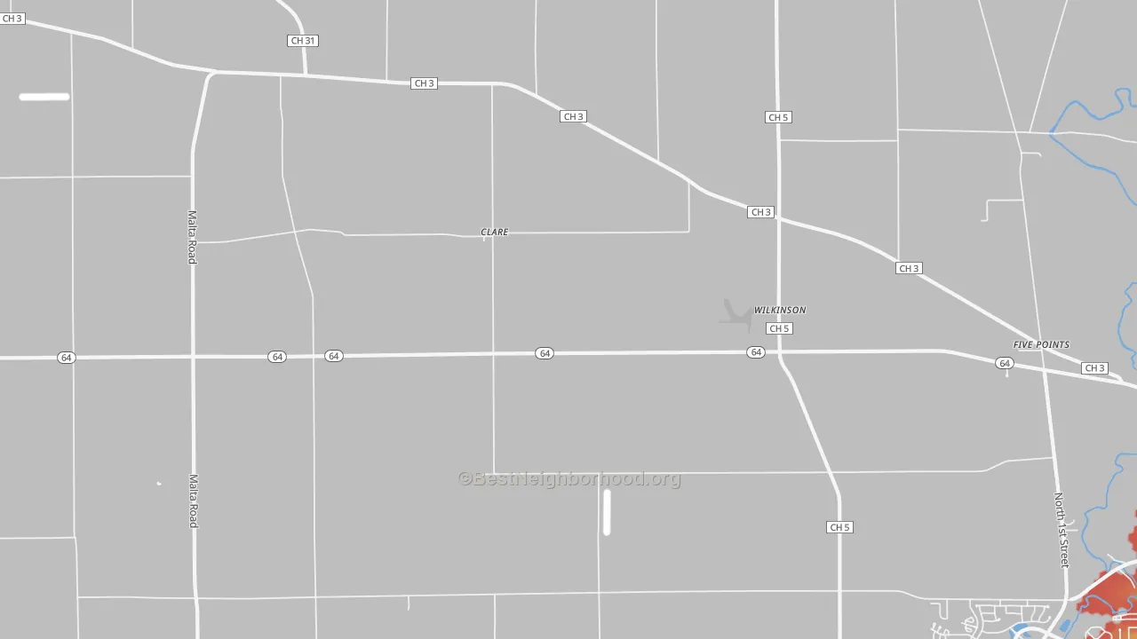 Walk Grade map of Clare, IL, walkable areas in green and car-dependent areas in red