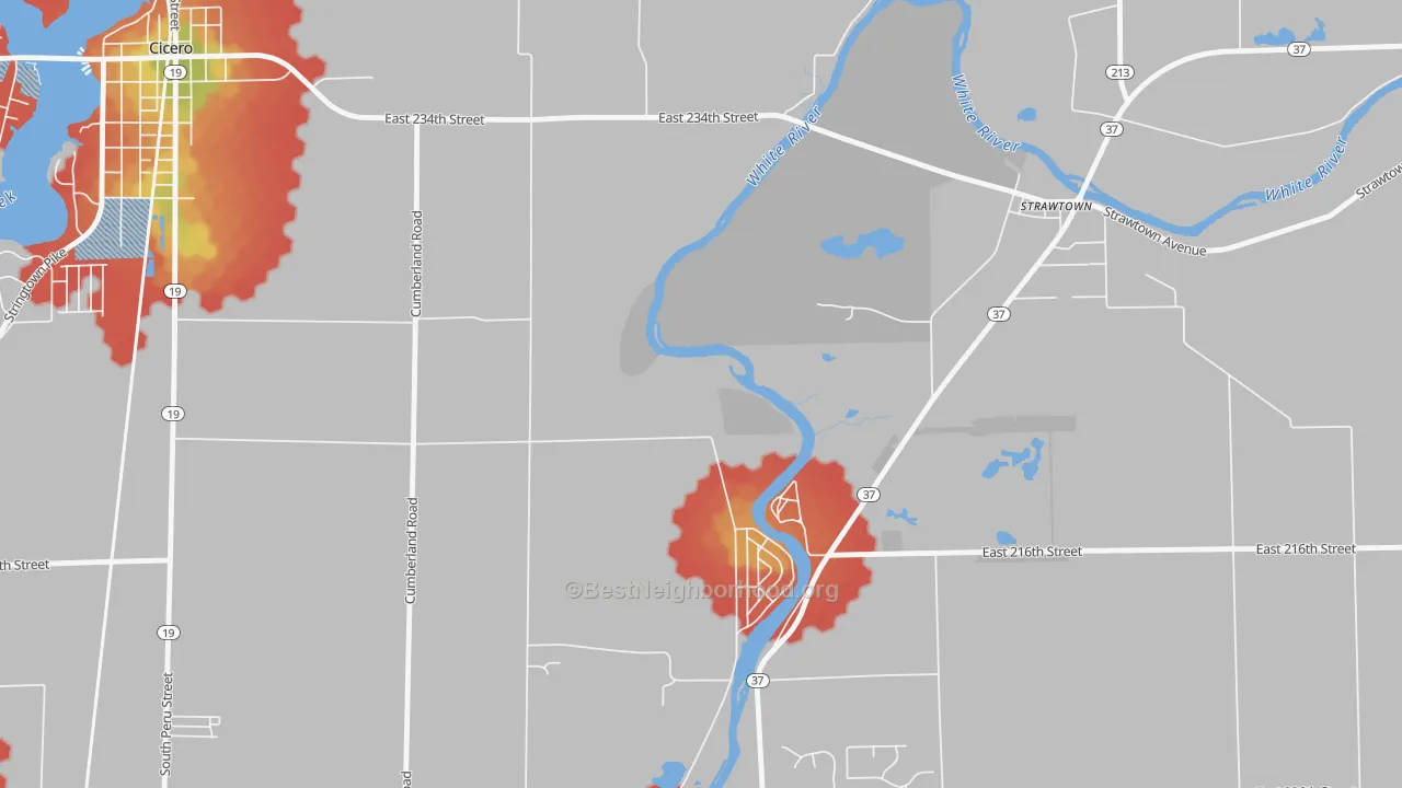 Walk Grade map of Clare, IN, walkable areas in green and car-dependent areas in red