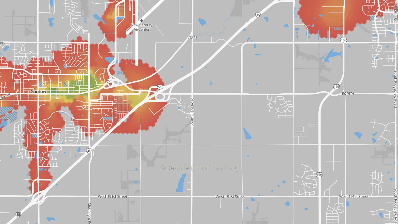 Walk Grade map of Clare, KS, walkable areas in green and car-dependent areas in red