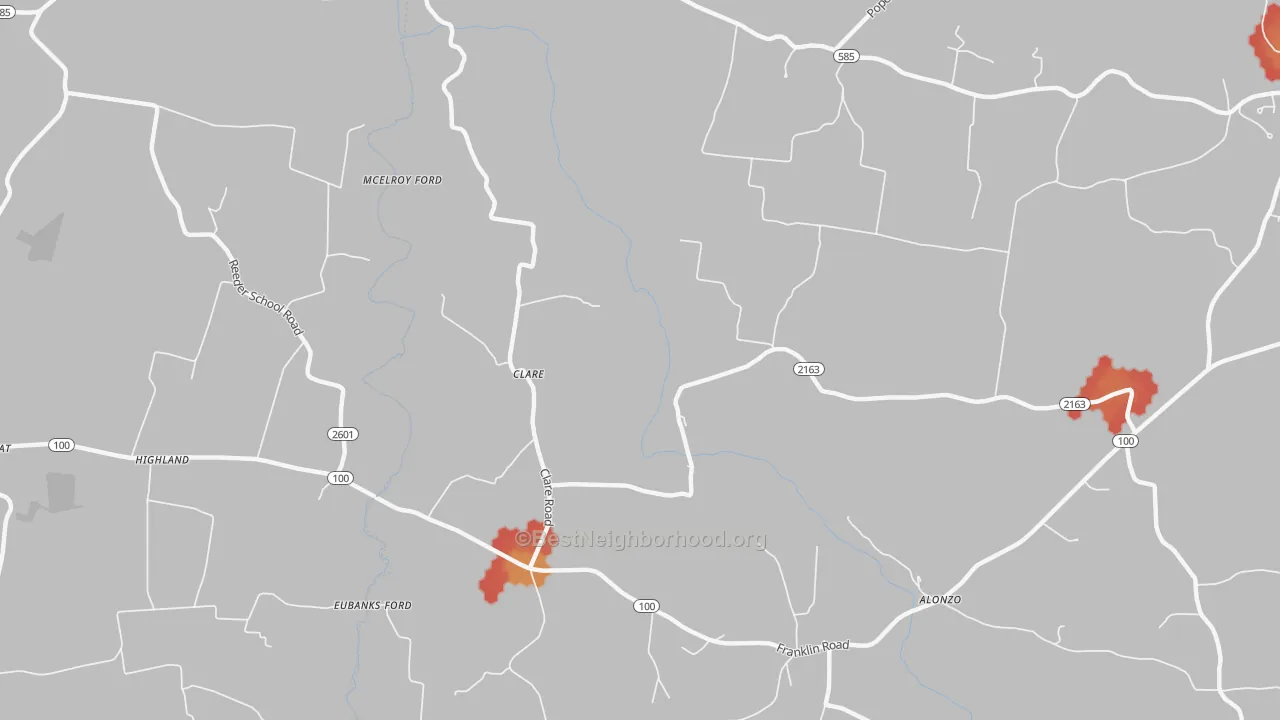 Walk Grade map of Clare, KY, walkable areas in green and car-dependent areas in red