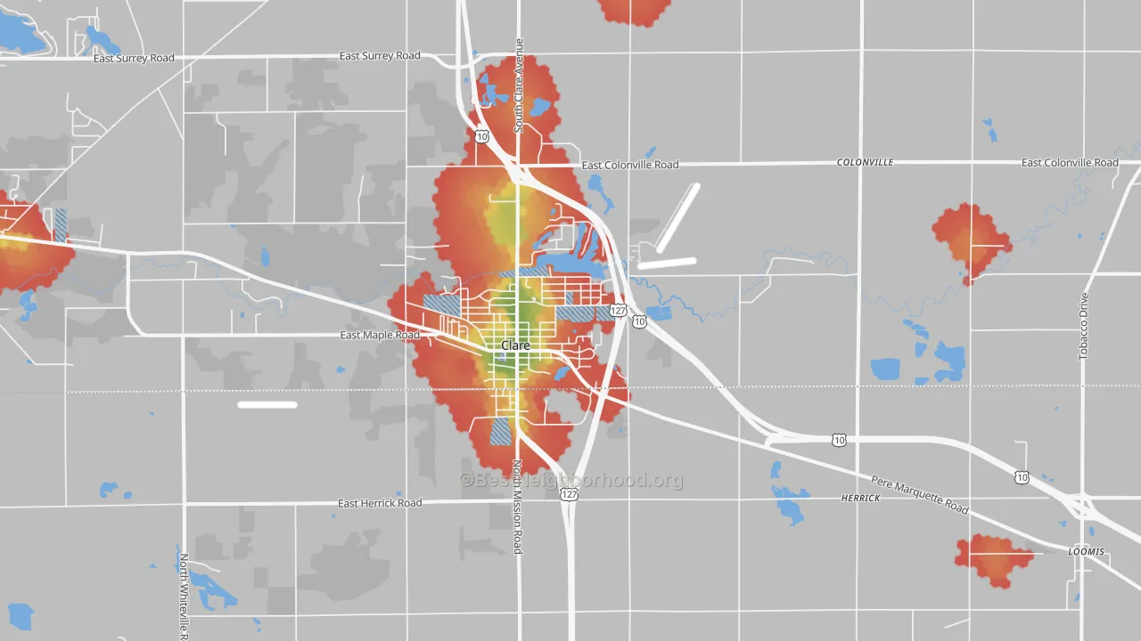 Walk Grade map of Clare, MI, walkable areas in green and car-dependent areas in red