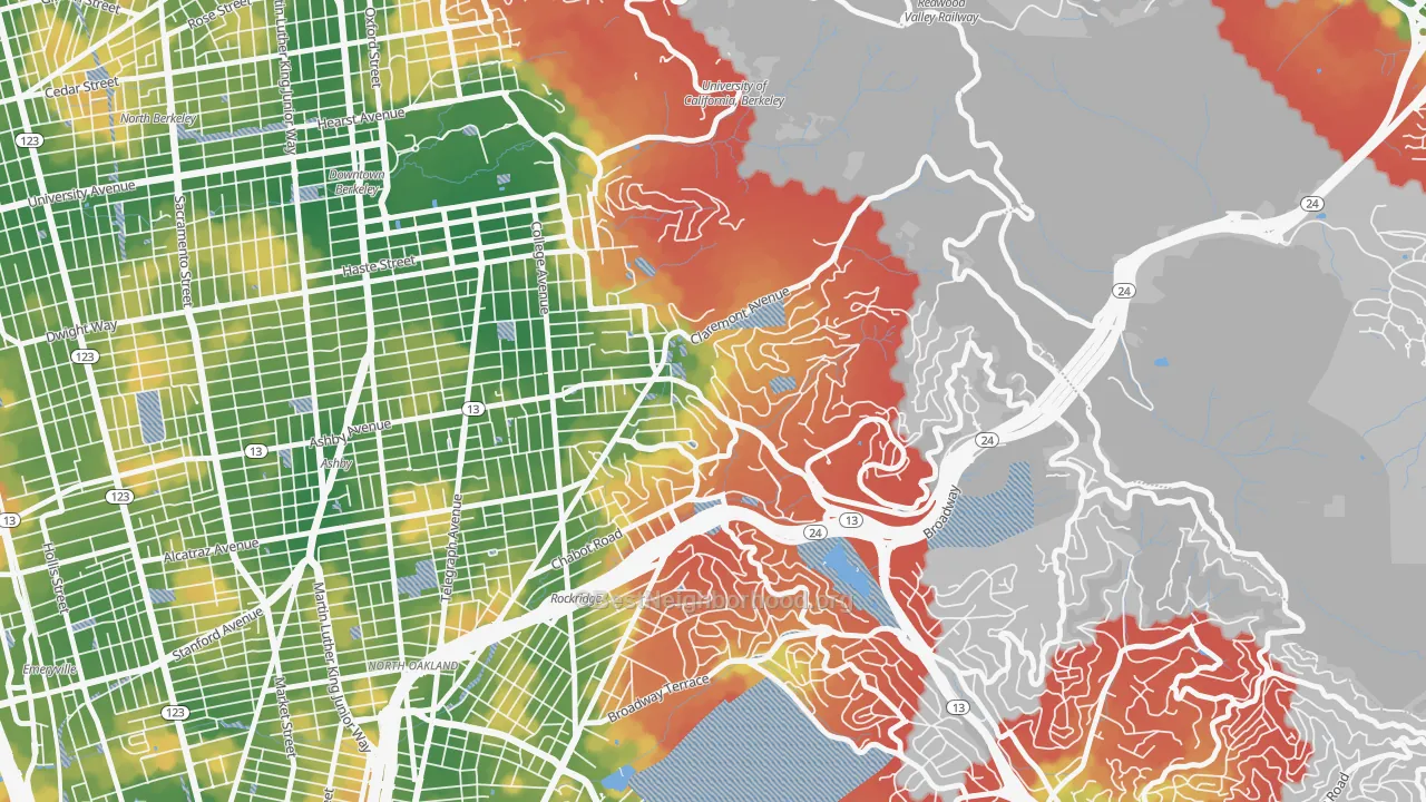 Walk Grade map of Claremont, Berkeley, CA, walkable areas in green and car-dependent areas in red