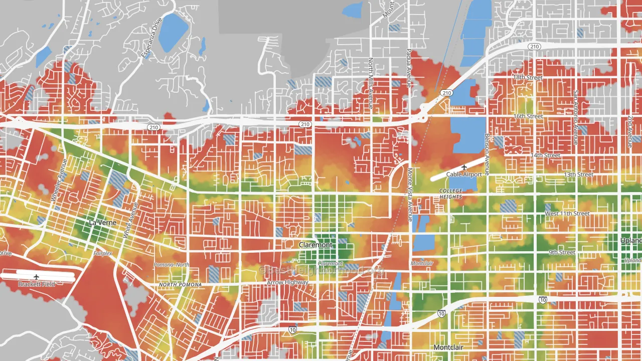 Walk Grade map of Claremont, CA, walkable areas in green and car-dependent areas in red