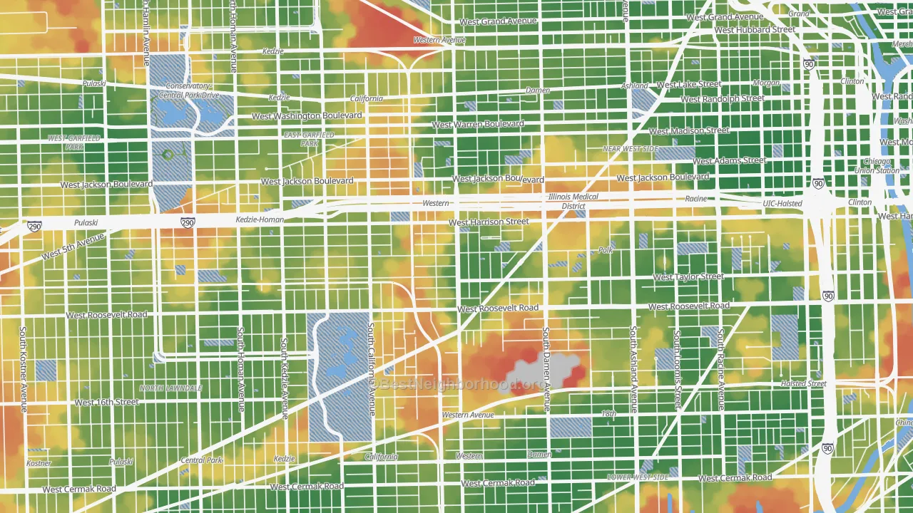 Walk Grade map of Claremont Cottages, Chicago, IL, walkable areas in green and car-dependent areas in red