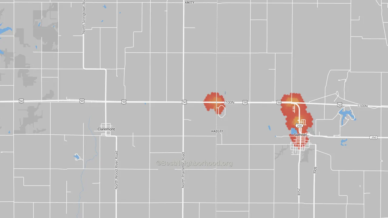 Walk Grade map of Claremont, IL, walkable areas in green and car-dependent areas in red