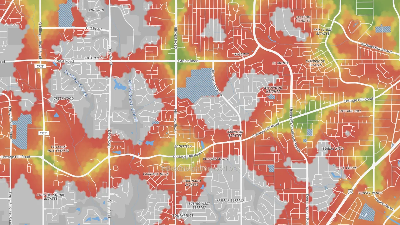 Walk Grade map of Claremont, Mobile, AL, walkable areas in green and car-dependent areas in red