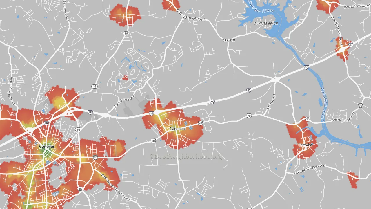 Walk Grade map of Claremont, NC, walkable areas in green and car-dependent areas in red
