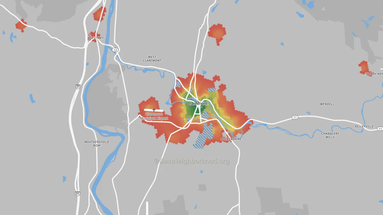 Walk Grade map of Claremont, NH, walkable areas in green and car-dependent areas in red