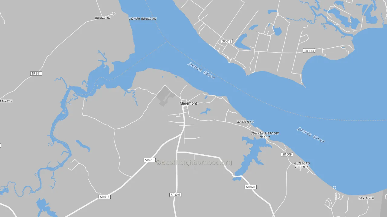 Walk Grade map of Claremont, VA, walkable areas in green and car-dependent areas in red