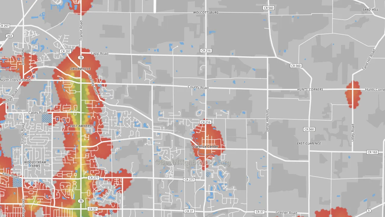 Walk Grade map of Clarence Center, NY, walkable areas in green and car-dependent areas in red