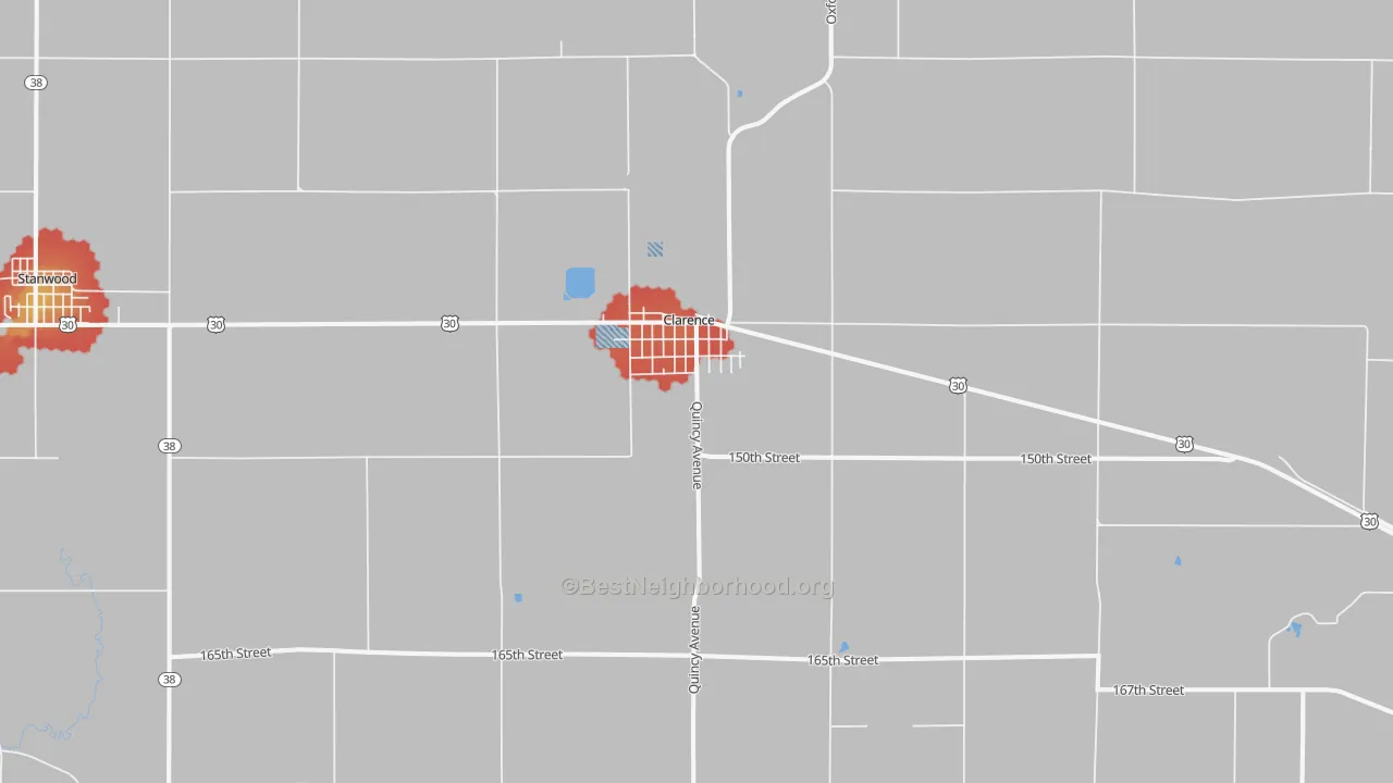 Walk Grade map of Clarence, IA, walkable areas in green and car-dependent areas in red