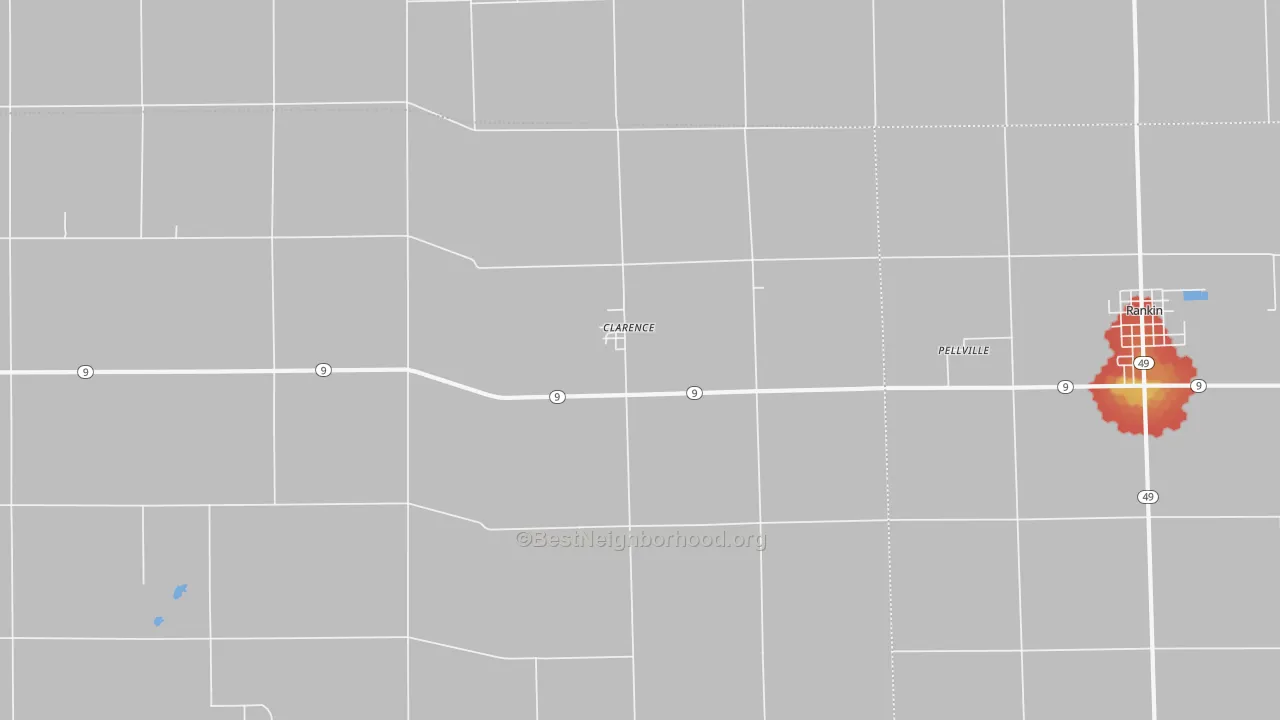 Walk Grade map of Clarence, IL, walkable areas in green and car-dependent areas in red