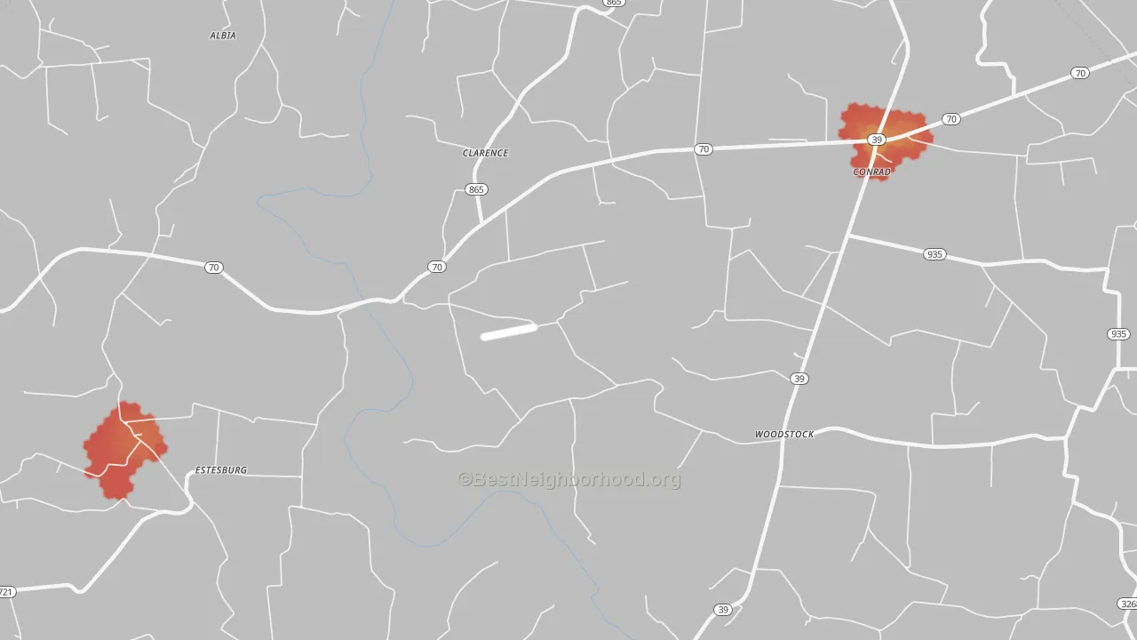 Walk Grade map of Clarence, KY, walkable areas in green and car-dependent areas in red