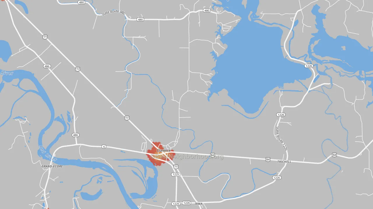 Walk Grade map of Clarence, LA, walkable areas in green and car-dependent areas in red