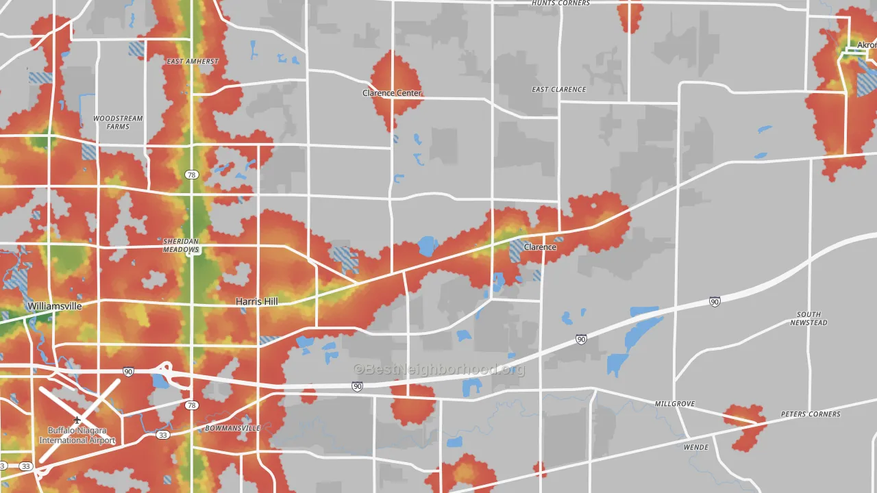 Walk Grade map of Clarence, NY, walkable areas in green and car-dependent areas in red