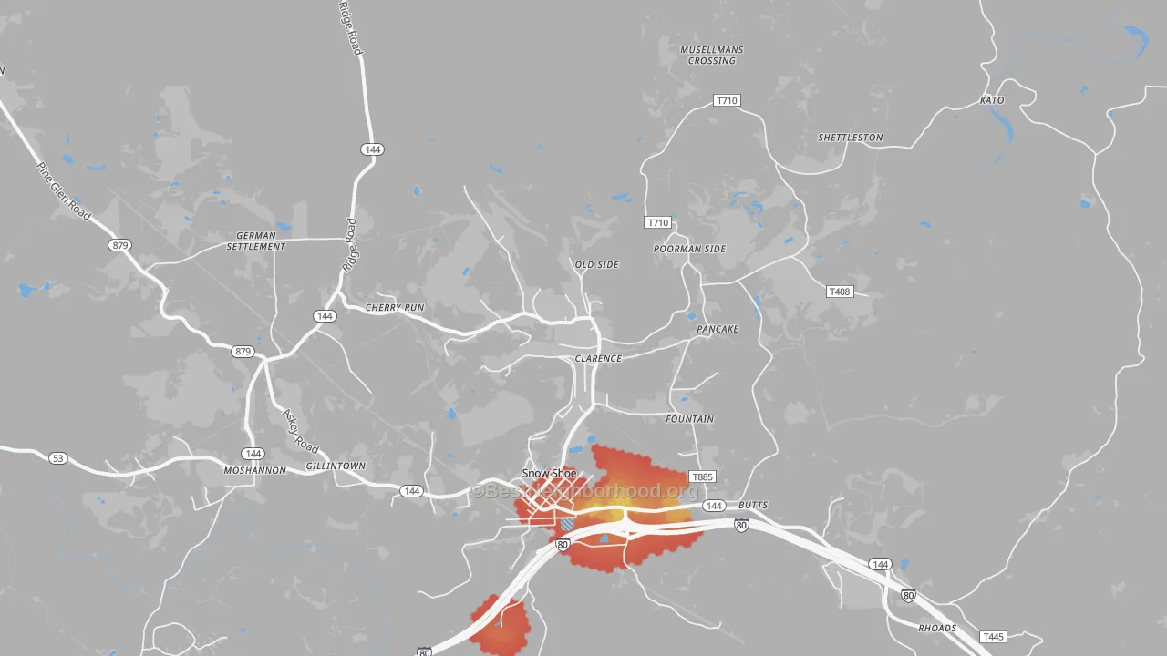 Walk Grade map of Clarence, PA, walkable areas in green and car-dependent areas in red