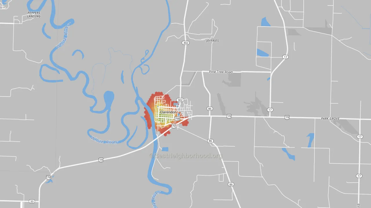 Walk Grade map of Clarendon, AR, walkable areas in green and car-dependent areas in red
