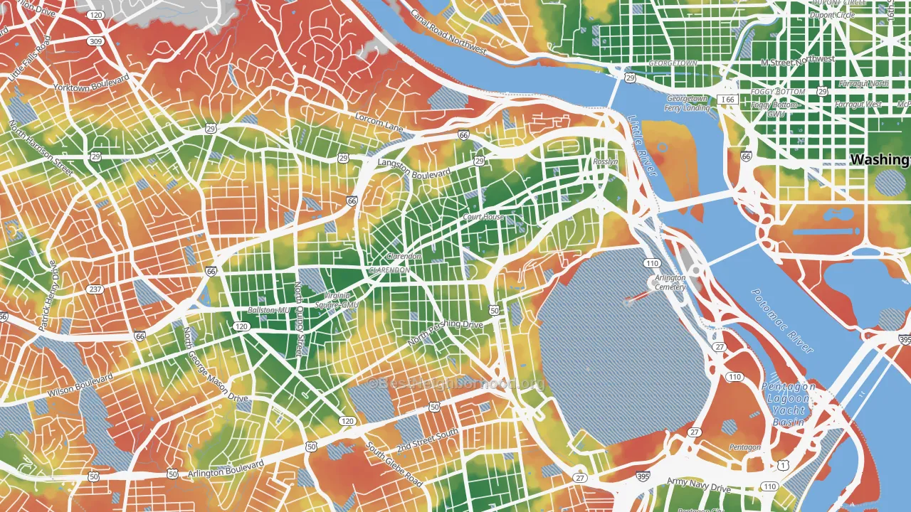 Walk Grade map of Clarendon, Arlington, VA, walkable areas in green and car-dependent areas in red