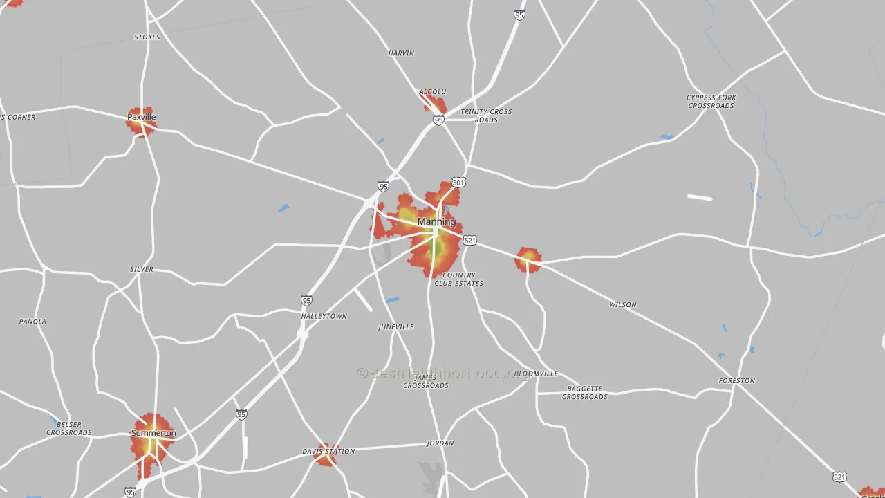 Walk Grade map of Clarendon County, SC, walkable areas in green and car-dependent areas in red