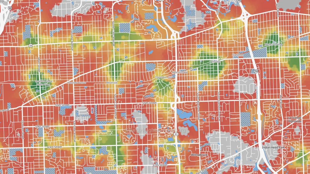 Walk Grade map of Clarendon Hills, IL, walkable areas in green and car-dependent areas in red