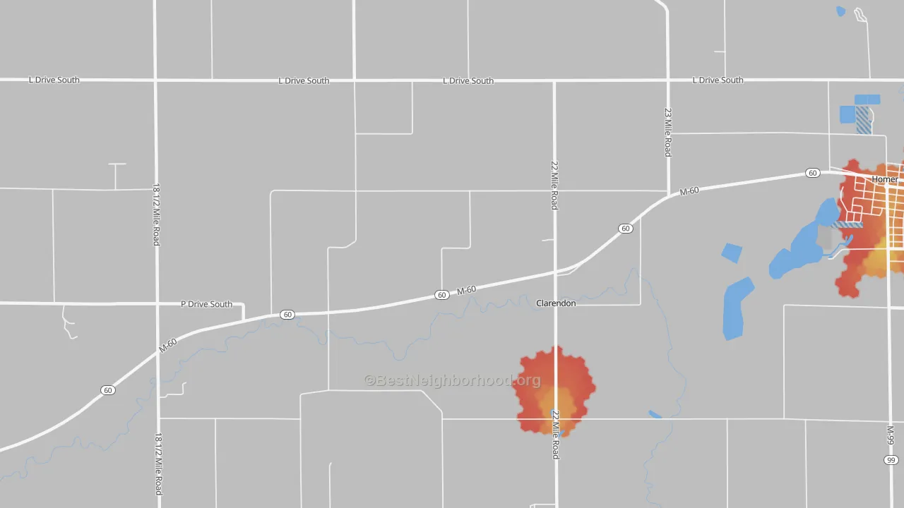 Walk Grade map of Clarendon, MI, walkable areas in green and car-dependent areas in red