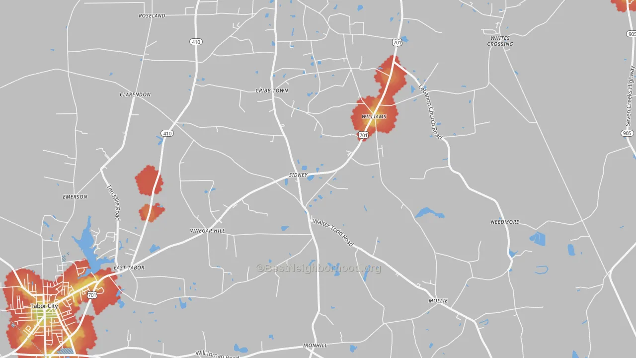 Walk Grade map of Clarendon, NC, walkable areas in green and car-dependent areas in red