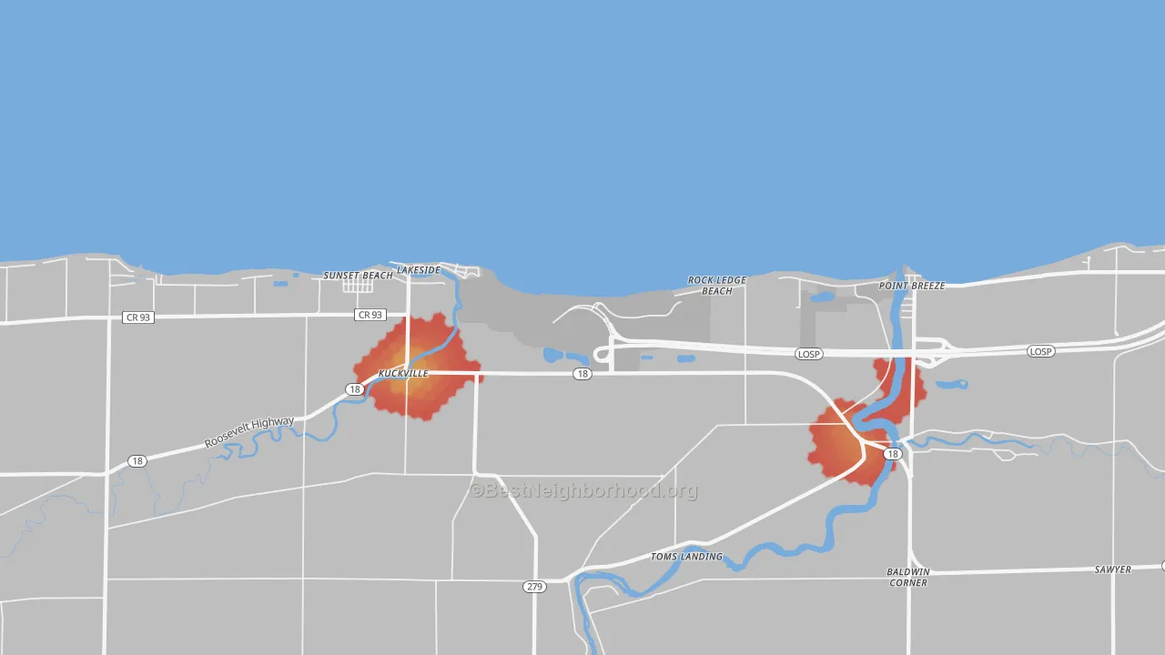 Walk Grade map of Clarendon, NY, walkable areas in green and car-dependent areas in red