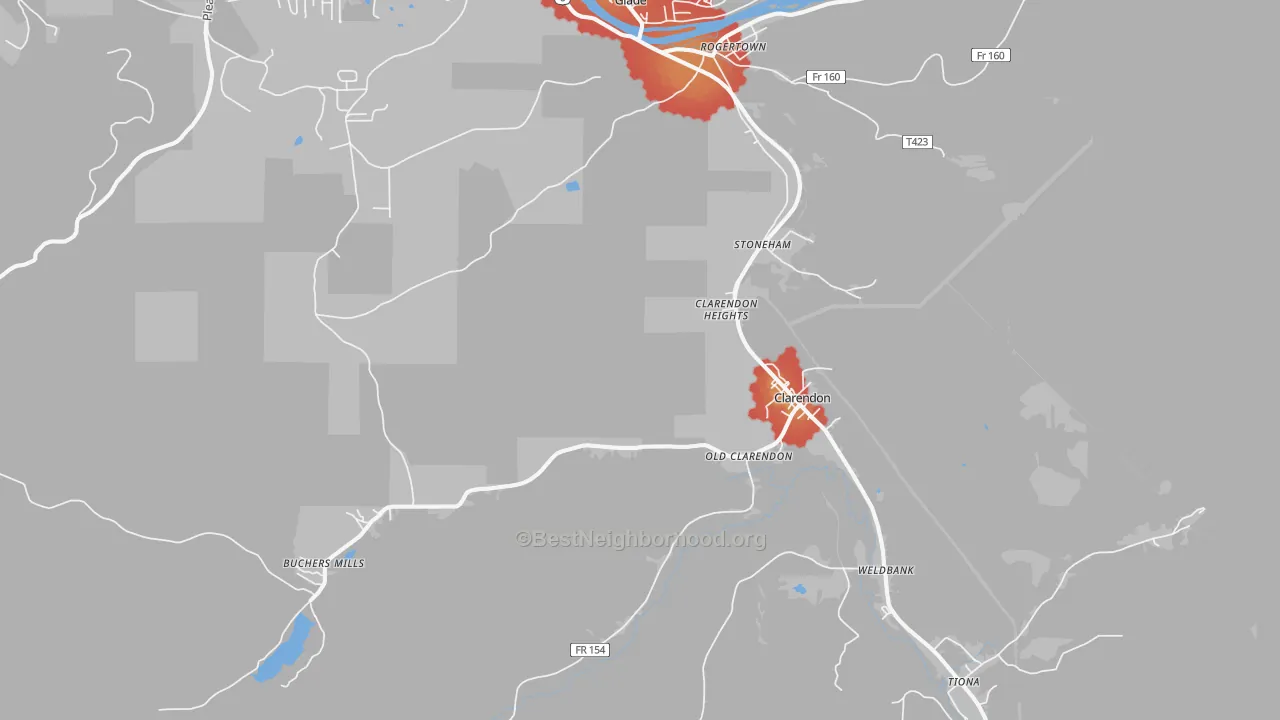 Walk Grade map of Clarendon, PA, walkable areas in green and car-dependent areas in red