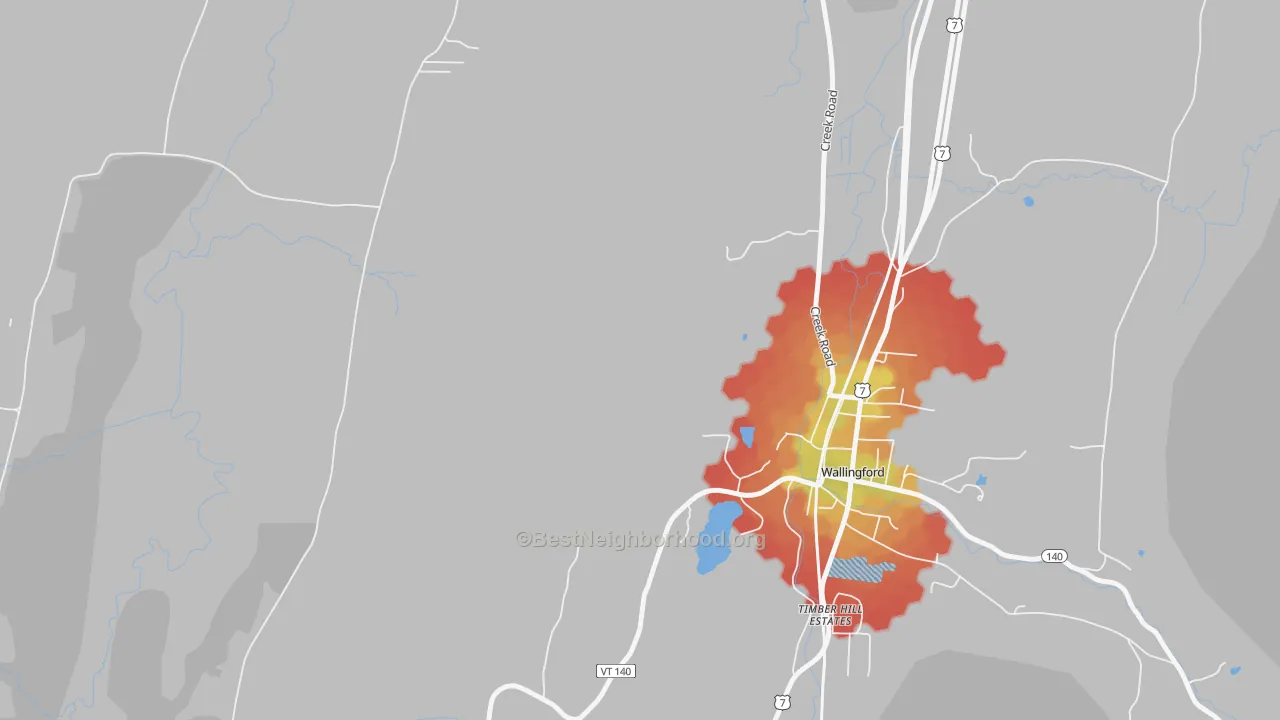 Walk Grade map of Clarendon, VT, walkable areas in green and car-dependent areas in red