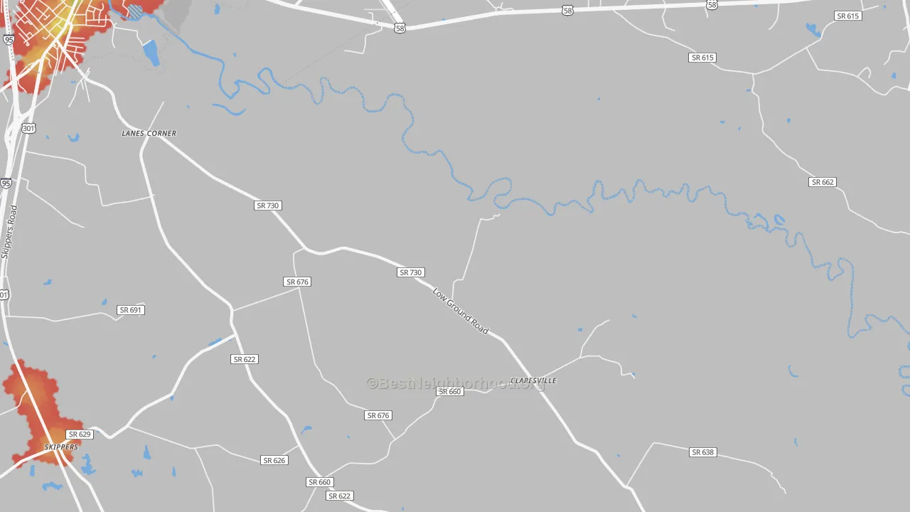 Walk Grade map of Claresville, VA, walkable areas in green and car-dependent areas in red