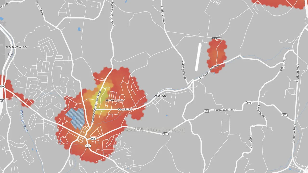 Walk Grade map of Claridge, PA, walkable areas in green and car-dependent areas in red