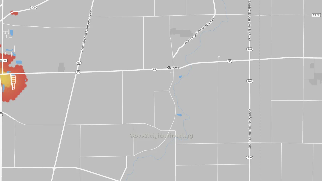 Walk Grade map of Claridon, OH, walkable areas in green and car-dependent areas in red