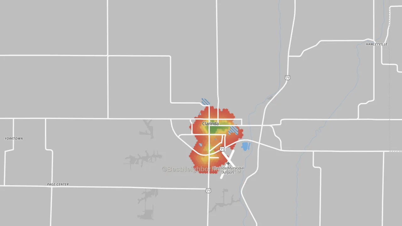 Walk Grade map of Clarinda, IA, walkable areas in green and car-dependent areas in red