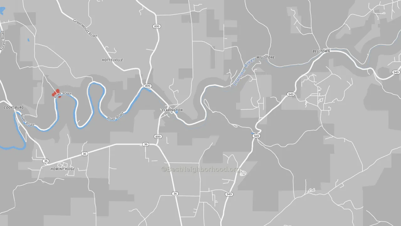 Walk Grade map of Clarington, PA, walkable areas in green and car-dependent areas in red