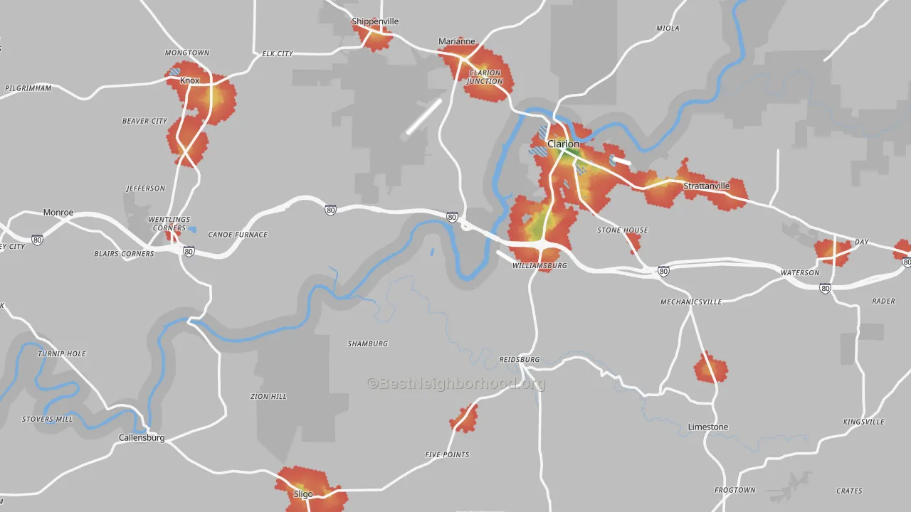 Walk Grade map of Clarion County, PA, walkable areas in green and car-dependent areas in red