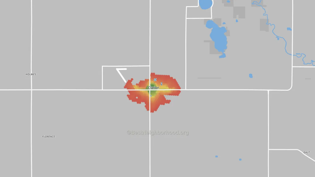 Walk Grade map of Clarion, IA, walkable areas in green and car-dependent areas in red